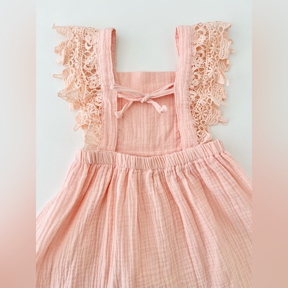 Peach Pink Cotton Linen Lace Trim Overall SunDress | Girls 3-4T - Picture 4 of 9